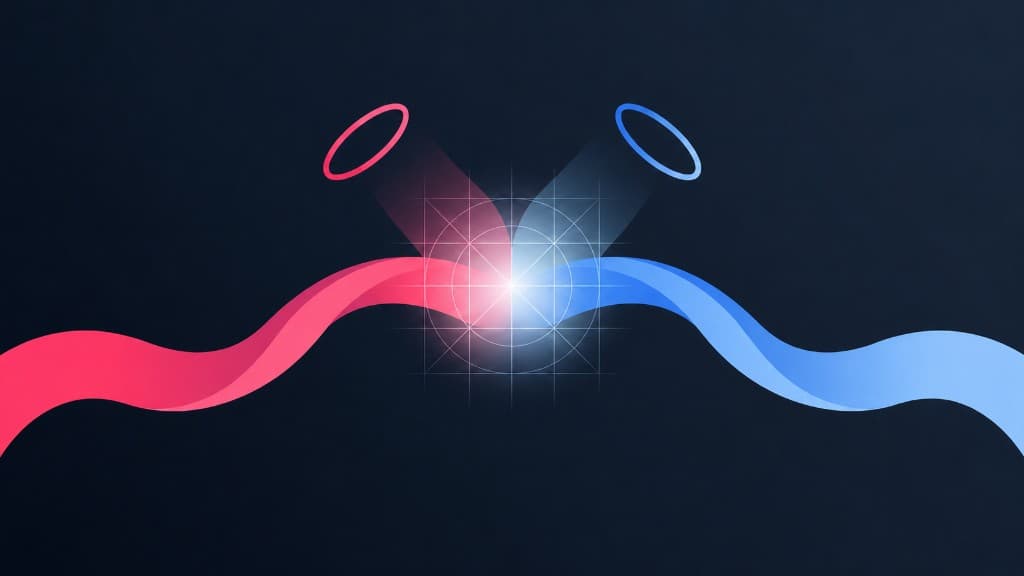 Ilustración abstracta de dos caminos luminosos que convergen en un punto central, como metáfora de la colaboración.